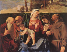Копия картины "virgin and child with saints jerome, peter, clare and francis" художника "лотто лоренцо"