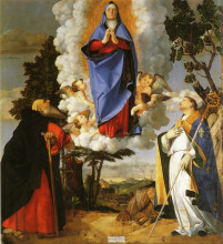 Картина "asolo altarpiece, main panel: scene of the assumption with st. anthony the abbot and st. louis of toulouse" художника "лотто лоренцо"