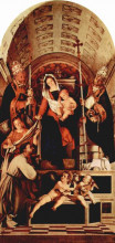 Картина "altar of recanati polyptych, main board: madonna enthroned with the christ child, three angels, st. dominic, st. gregory and st. urban" художника "лотто лоренцо"