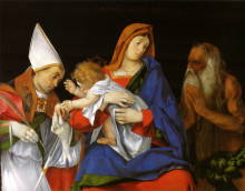 Копия картины "madonna with a bishop and st. onuphrius" художника "лотто лоренцо"
