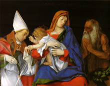 Репродукция картины "madonna with a bishop and st. onuphrius" художника "лотто лоренцо"