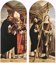 Картина "sts thomas aquinas and flavian, sts peter the martyr and vitus" художника "лотто лоренцо"