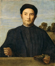 Картина "portrait of a jeweler, possibly giovanni pietro crivelli" художника "лотто лоренцо"