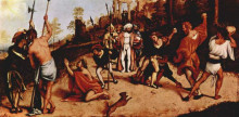 Репродукция картины "altar polyptych of san bartolomeo, bergamo, foot plate: martyrdom of st. stephen" художника "лотто лоренцо"