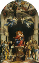 Картина "altar polyptych of san bartolomeo, bergamo, main panel: enthroned madonna with angels and saints - alexander of bergamo, barbara, roch, dominic" художника "лотто лоренцо"