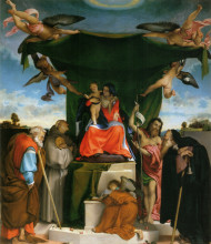 Картина "enthroned madonna with angels and saints, st. joseph and st. bernard on the left, st. john the baptist and st. anthony the abbot on the right" художника "лотто лоренцо"
