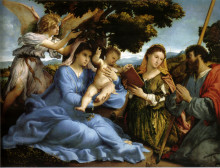 Картина "madonna and st. catherine of alexandria, st. james the greater and an angel" художника "лотто лоренцо"