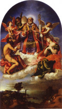 Копия картины "st. nicholas in glory with st. john the baptist, st. lucy and below st. george slaying the dragon" художника "лотто лоренцо"