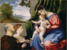 Репродукция картины "virgin and child with two donors" художника "лотто лоренцо"