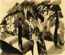 Репродукция картины "two women and a man on an avenue" художника "маке август"