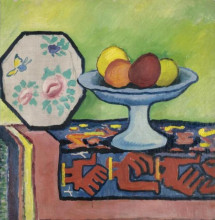 Картина "still life with bowl of apples and japanese fan" художника "маке август"