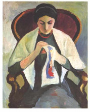 Репродукция картины "woman sewing" художника "маке август"