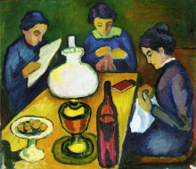 Репродукция картины "three women at the table by the lamp" художника "маке август"