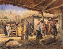 Копия картины "молебен на крестьянском дворе в малороссии" художника "маковский владимир"