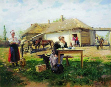Репродукция картины "приезд учительницы в деревню" художника "маковский владимир"