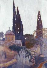 Картина "church with cypress" художника "малеас константин"