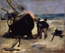 Репродукция картины "tarring the boat" художника "мане эдуард"