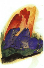 Картина "two blue horses in front of a red roc" художника "марк франц"