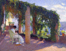 Репродукция картины "woman sewing on a veranda" художника "мартен анри"