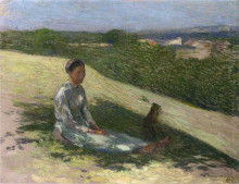 Репродукция картины "young peasant girl and her dog" художника "мартен анри"