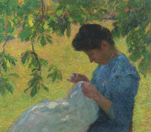 Репродукция картины "young woman sewing in the garden" художника "мартен анри"