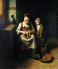 Репродукция картины "a woman scraping parsnips, with a child standing by her" художника "мас николас"