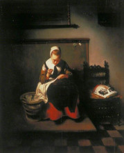 Репродукция картины "a young woman sewing" художника "мас николас"