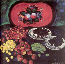 Картина "ягоды на фоне красного подноса" художника "машков илья"