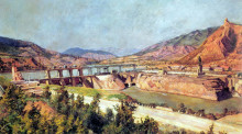 Репродукция картины "загэс. плотина на реке куре и шоссе военно-грузинской дороги" художника "машков илья"