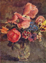 Копия картины "маки, розы, васильки и другие цветы в стеклянной вазе" художника "машков илья"