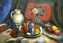 Репродукция картины "натюрморт с подносом, белым кувшином и фруктами" художника "машков илья"