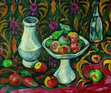 Копия картины "натюрморт с бутылкой, кувшином и фруктами" художника "машков илья"