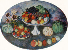 Репродукция картины "овальный натюрморт с белой вазой и фруктами" художника "машков илья"