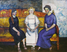 Копия картины "три сестры на диване. портрет н. л. и е.самойловых" художника "машков илья"