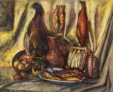 Репродукция картины "натюрморт с глухарем и рыбами" художника "машков илья"
