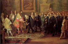 Картина "ludwig xiv. empf&#228;ngt 1663 eine delegation aus der eidgenossenschaft unter der f&#252;hrung des z&#252;rcher b&#252;rgermeisters johann heinrich waser anl&#228;sslich des abschlusses einer neuen soldallianz zwischen frankreich und allen xiii eidgen&#2" художника "мейлен адам франс ван дер"