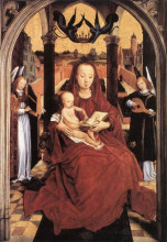 Картина "богородица с младенцем на троне и два музицирующих ангела" художника "мемлинг ганс"