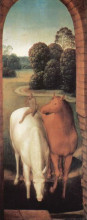 Репродукция картины "аллегорическая репрезентация двух лошадей и обезьяны" художника "мемлинг ганс"