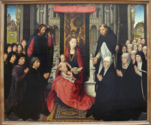 Картина "богородица и младенец со св. иаковом и св. домиником, представляющими донаторов и их семьи (богородица яна флоренса)" художника "мемлинг ганс"