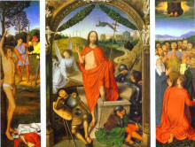Картина "триптих воскресения: воскресение (центральная панель), мученичество св. себастьяна (левая панель), вознесение (правая панель)" художника "мемлинг ганс"