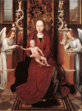 Репродукция картины "богородица с младенцем на троне и два ангела" художника "мемлинг ганс"
