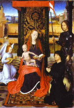 Картина "богородица и младенец с ангелом, св. георгием и донатором" художника "мемлинг ганс"