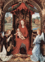 Репродукция картины "мадонна и младенец на троне с двумя ангелами" художника "мемлинг ганс"