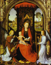 Репродукция картины "мадонна и младенец с ангелами" художника "мемлинг ганс"