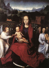 Картина "богородица с младенцем в розовом саду с двумя ангелами" художника "мемлинг ганс"
