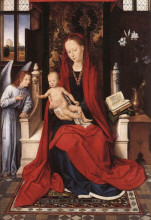 Репродукция картины "богородица с младенцем на троне и ангел" художника "мемлинг ганс"