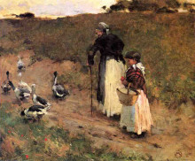 Репродукция картины "old woman with child and goose" художника "меткалф уиллард"
