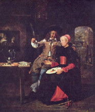 Репродукция картины "portrait of the artist with his wife isabella de wolff in a tavern" художника "метсю габриель"
