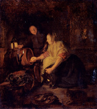 Репродукция картины "a woman drawing wine from a barrel" художника "метсю габриель"