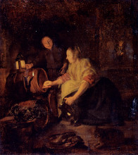 Картина "a woman drawing wine from a barrel" художника "метсю габриель"